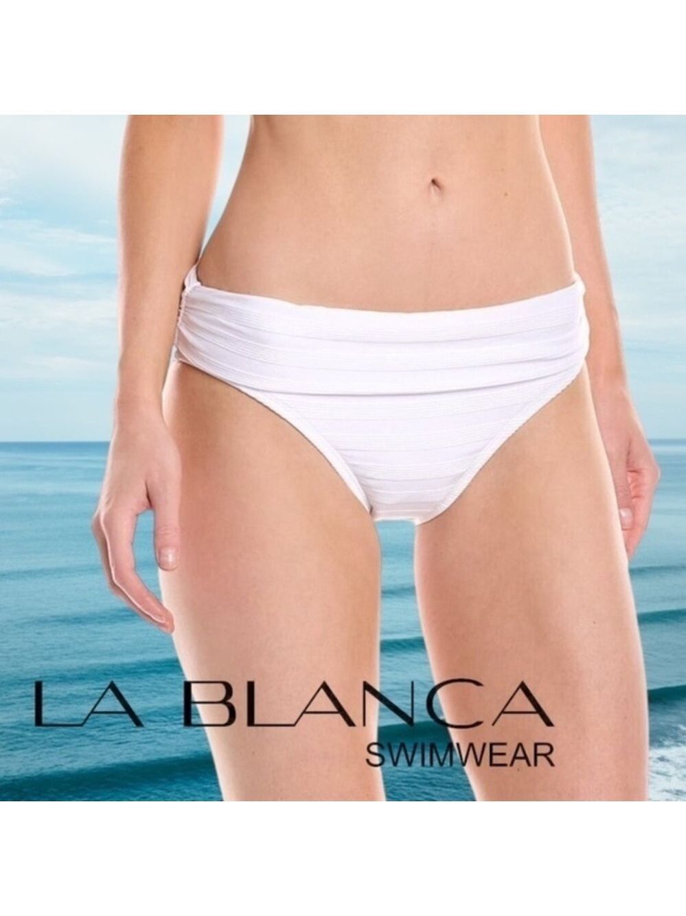LA BLANCA Linea Costa Banded Ruched Hipster Bikini Bottoms NWT Size 14 / White